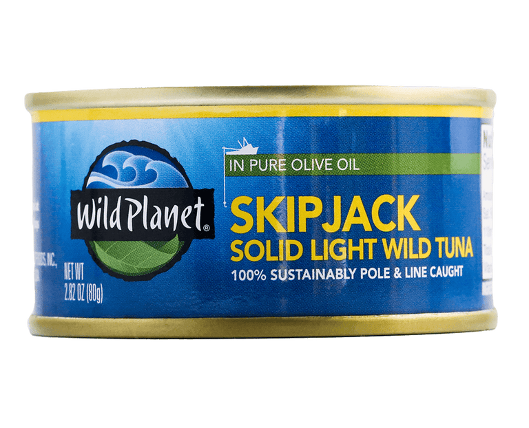 Skipjack Solid Light Wild Tuna in Pure Olive Oil, in Can. 100% Sustainably Pole and Line Caught, Front View