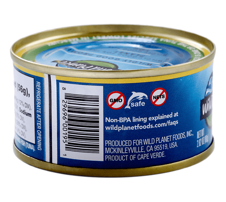 Skipjack Solid Light Wild Tuna in Pure Olive Oil, in Can.  Right Side View showing Barcode, Logo: Non BPA and 3 Others, Produced by Info