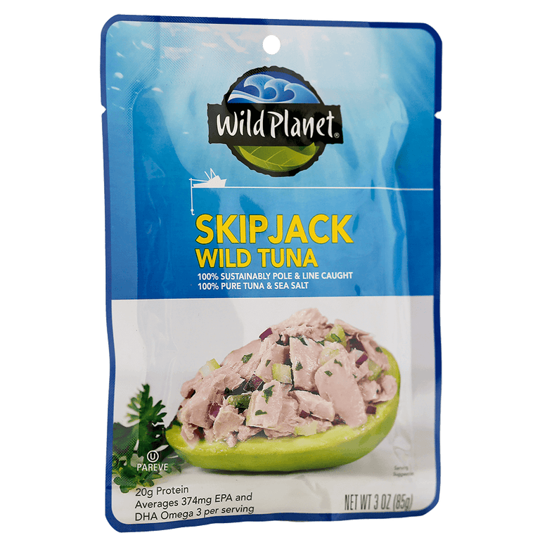 Skipjack Wild Tuna in a Pouch, 100% Sustainably Pole and Line Caught, 100% Pure Tuna and Sea Salt, Left Side View