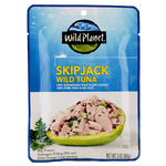 Skipjack Wild Tuna in a Pouch, 100% Sustainably Pole and Line Caught, 100% Pure Tuna and Sea Salt. Front View with a photo of Tuna Salad in an Avocado and basil leaf on the side