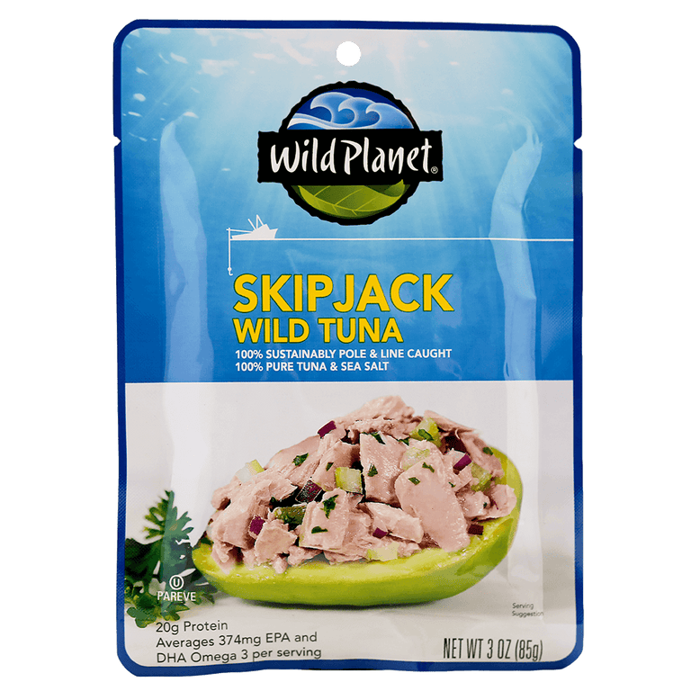 Skipjack Wild Tuna in a Pouch, 100% Sustainably Pole and Line Caught, 100% Pure Tuna and Sea Salt. Front View with a photo of Tuna Salad in an Avocado and basil leaf on the side