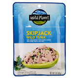 Skipjack Wild Tuna in a Pouch, 100% Sustainably Pole and Line Caught, 100% Pure Tuna and Sea Salt. Front View with a photo of Tuna Salad in an Avocado and basil leaf on the side