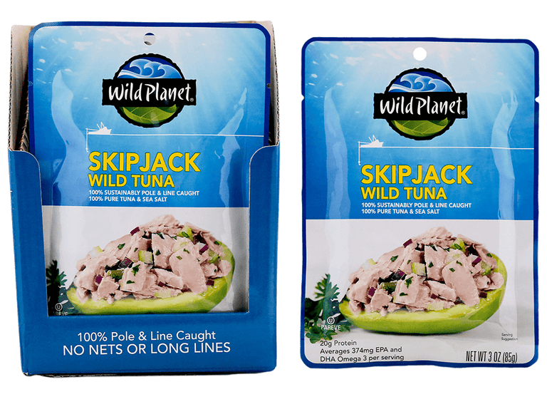 Skipjack Wild Tuna in a Pouch, 100% Sustainably Pole and Line Caught, 100% Pure Tuna and Sea Salt, A Set in a Pouch inside a Carton Box with a text that reads:  100% Pole and Line Caught, No Nets or Long Lines