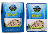 Skipjack Wild Tuna in a Pouch, 100% Sustainably Pole and Line Caught, 100% Pure Tuna and Sea Salt, A Set in a Pouch inside a Carton Box with a text that reads:  100% Pole and Line Caught, No Nets or Long Lines
