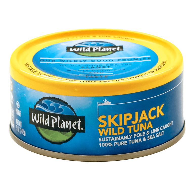 SkipJack Wild Tuna in Can, Sustainably Pole and Line Caught, 100% Pure Tuna and Sea Salt, Top and Front View