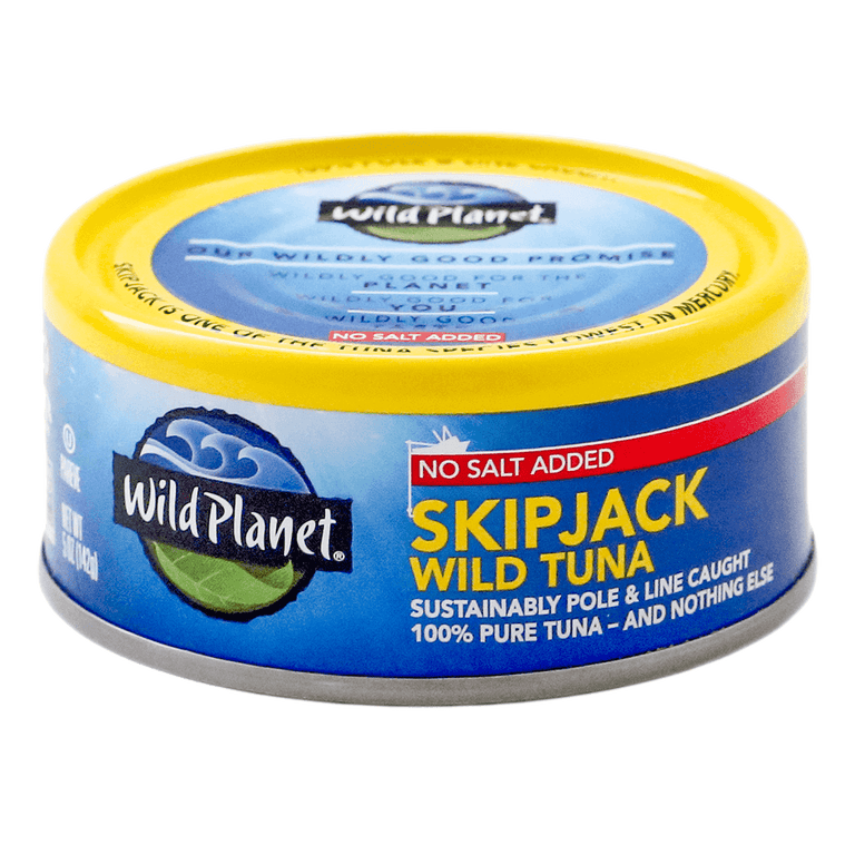 Skipjack Wild Tuna, No Salt Added in Can, Sustainably Pole and Line Caught, 100% Pure Tuna and Nothing Else, Front and Top View