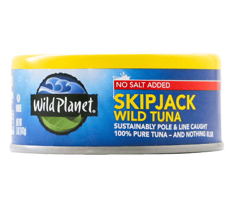 Skipjack Wild Tuna, No Salt Added in Can, Sustainably Pole and Line Caught, 100% Pure-Tuna and Nothing Else, Front View with Wild Planet Logo