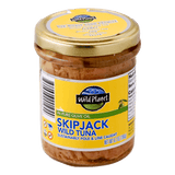 Skipjack Wild Tuna in Pure Olive Oil in a Airtight Lid Jar, Front and Top View  Seal of Freshness