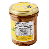 Skipjack Wild Tuna in Pure Olive Oil in a Airtight Lid Jar, Back View showing Nutrition Facts and Ingredients