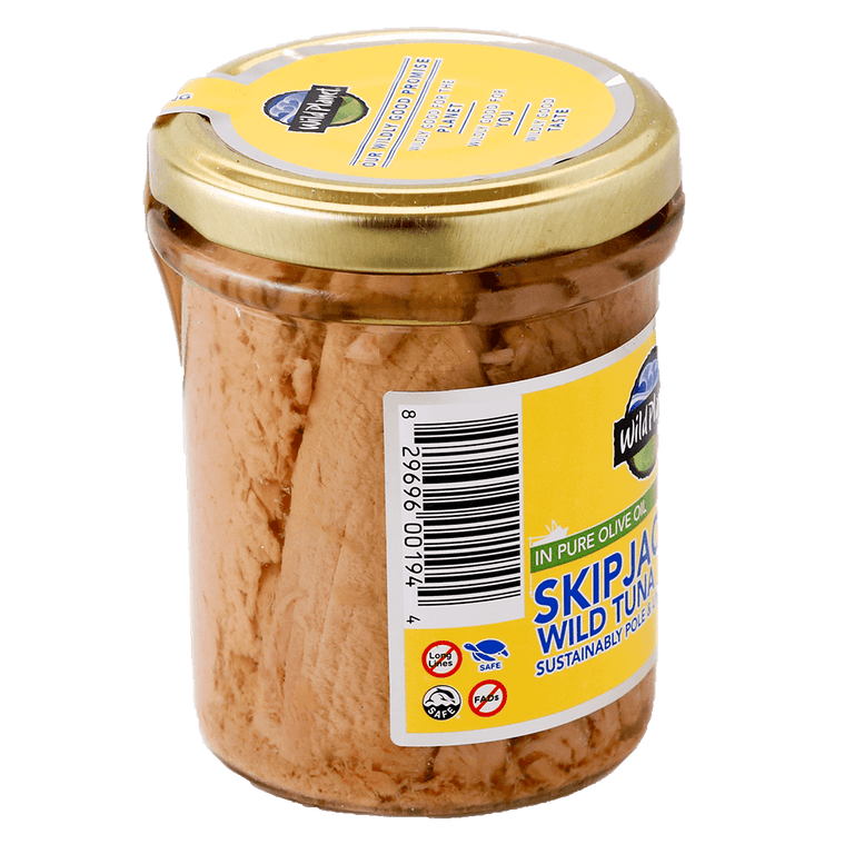 Skipjack Wild Tuna in Pure Olive Oil in a Airtight Lid Jar, Left Side View showing Barcode and Logo: Turtle Safe and 3 others